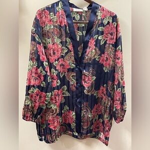 VNT 90s Victoria's Secret Gold Label Satin Sheer Floral Paisley Pajama Top Sz L